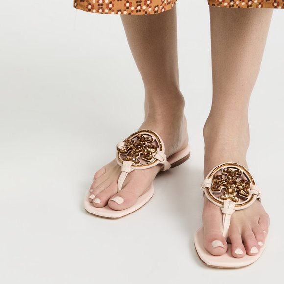 Tory Burch NIB Miller Jeweled Leather Thong Sandals Brie Cream Beige - Picture 2 of 15